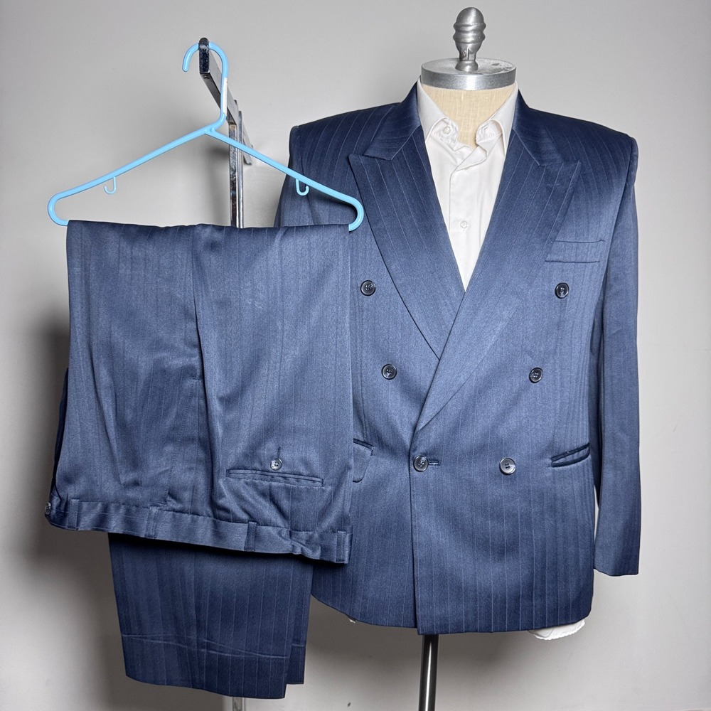 Jean Pierre Suit Mens 44S W36 Navy Blue Pinstripe Double Breasted Peak Lapel